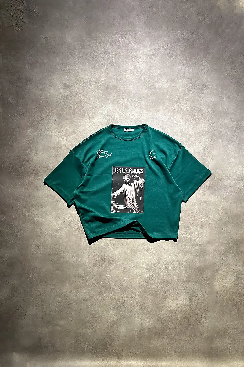 Jesus Raves Zümrüt Yeşili Oversize Baskılı Tişört - 1