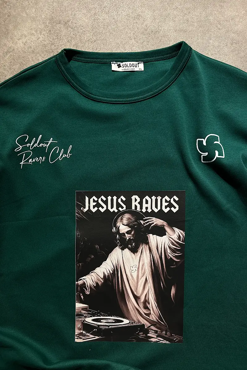 Jesus Raves Zümrüt Yeşili Oversize Baskılı Tişört - 3
