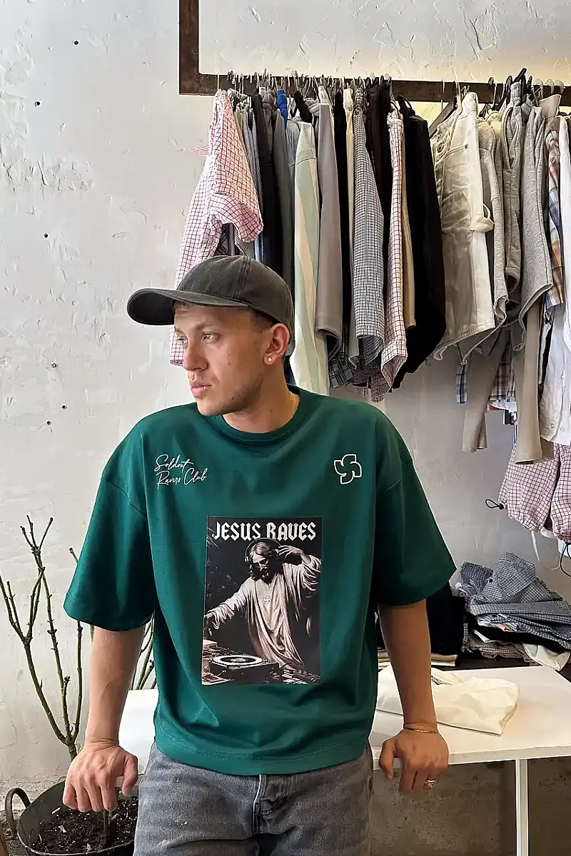 Jesus Raves Zümrüt Yeşili Oversize Baskılı Tişört - 6