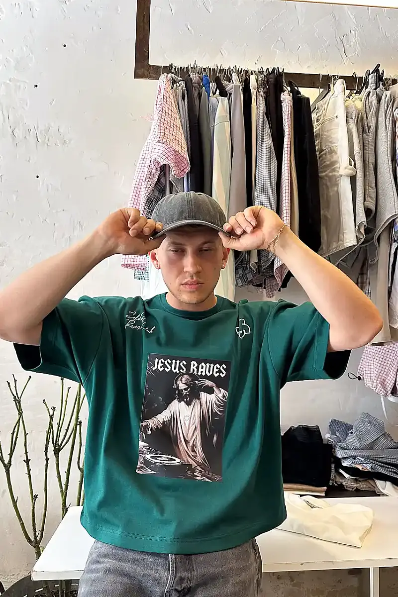Jesus Raves Zümrüt Yeşili Oversize Baskılı Tişört - 7