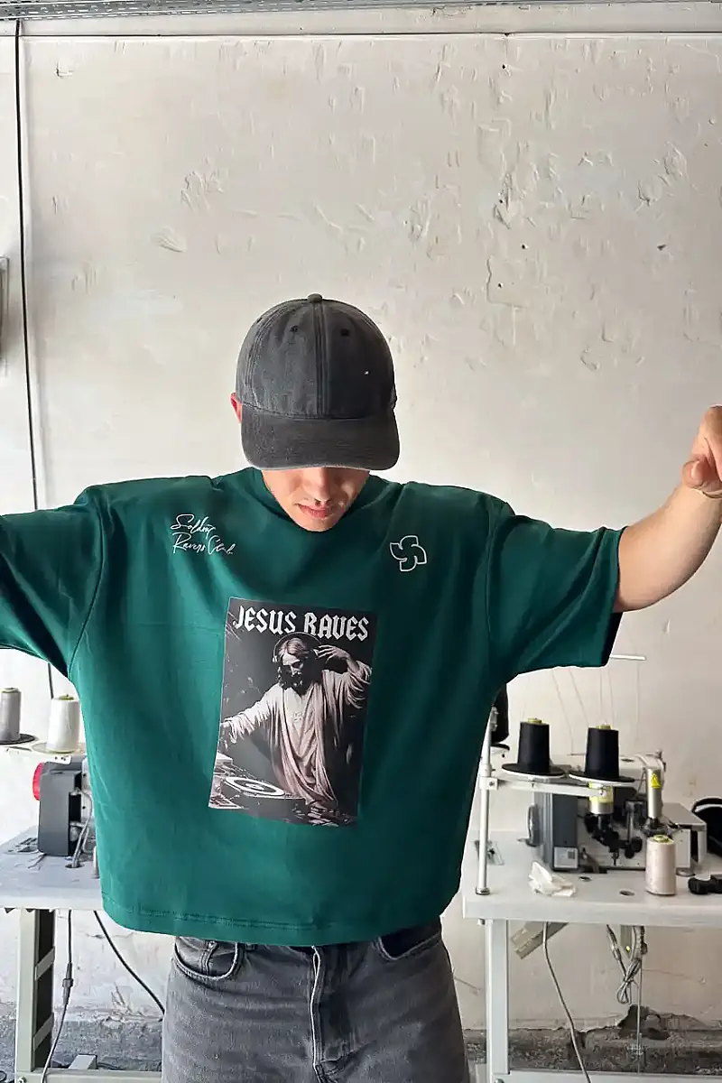 Jesus Raves Zümrüt Yeşili Oversize Baskılı Tişört - 8