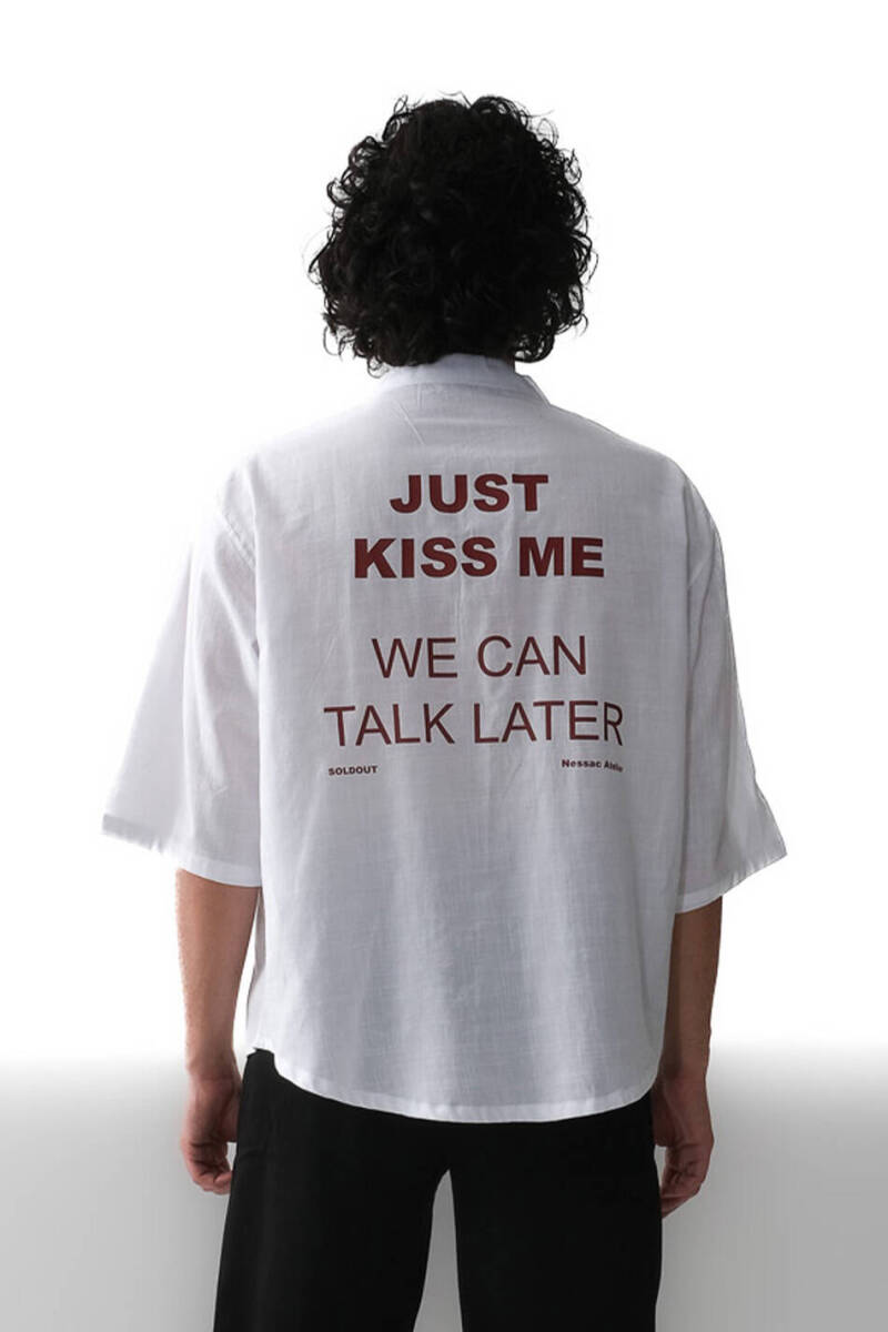 Just Kiss Me Beyaz Oversize Yarım Kol %100 Pamuk İnce Gömlek - 1