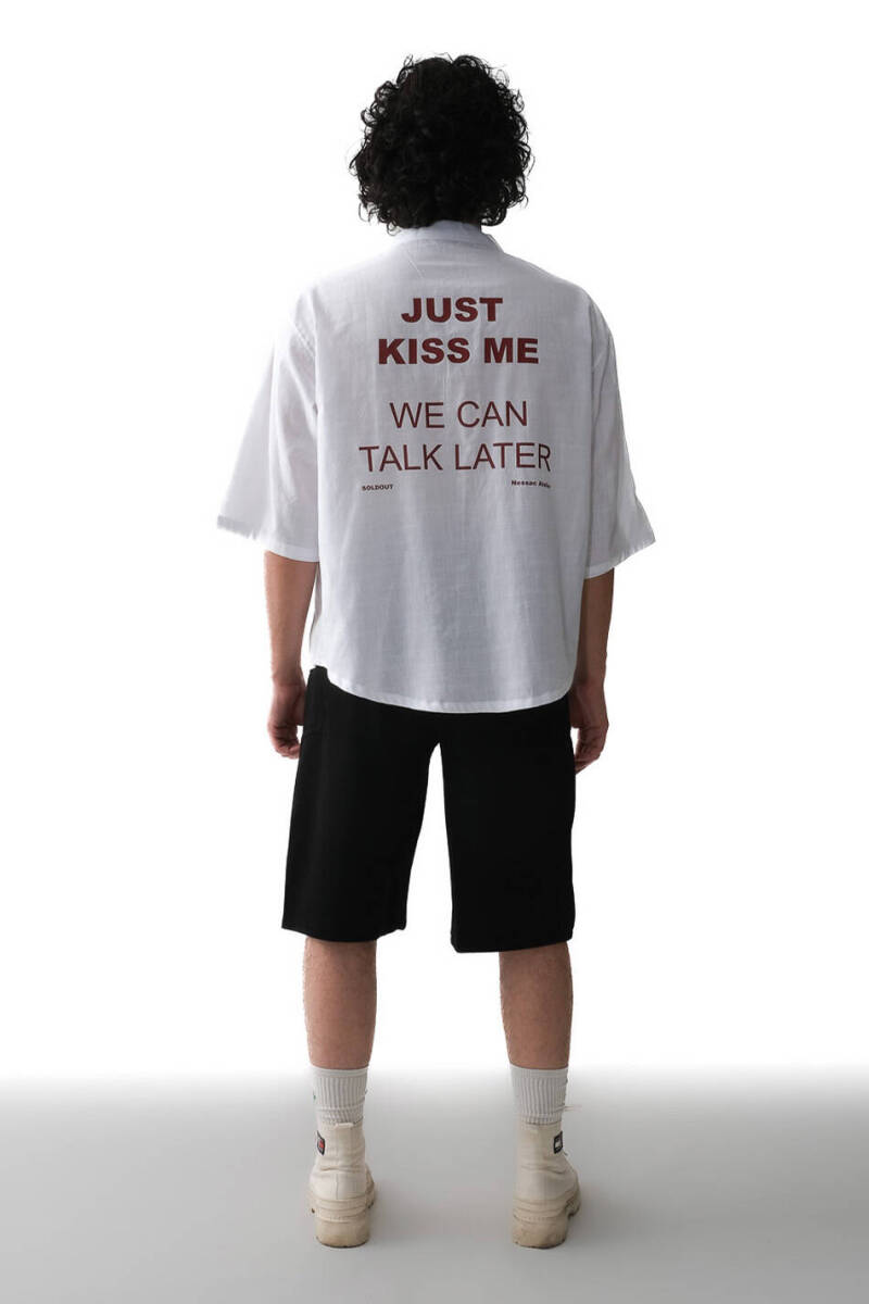 Just Kiss Me Beyaz Oversize Yarım Kol %100 Pamuk İnce Gömlek - 2