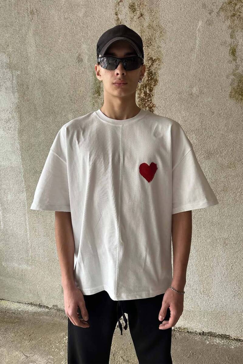 Kalp Baskılı Dikiş Detaylı Beyaz Heavweight Oversize Tişört - 2