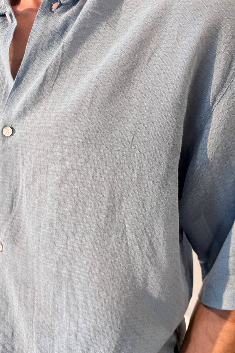 Kare Dokulu Mavi Yarım Kol Oversize Gömlek - 4