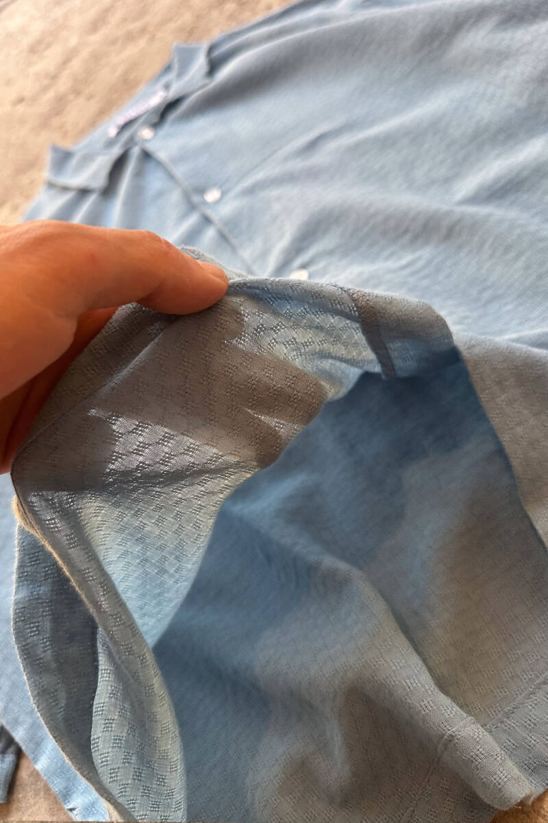 Kare Dokulu Mavi Yarım Kol Oversize Gömlek - 6