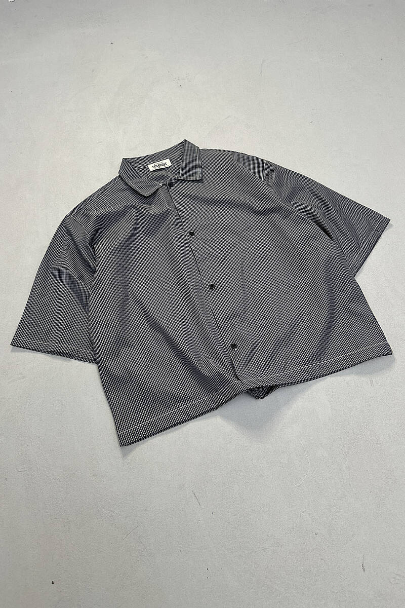 Kareli Lacivert Yarım Kol Boxy Fit Gömlek - SOLDOUT (1)