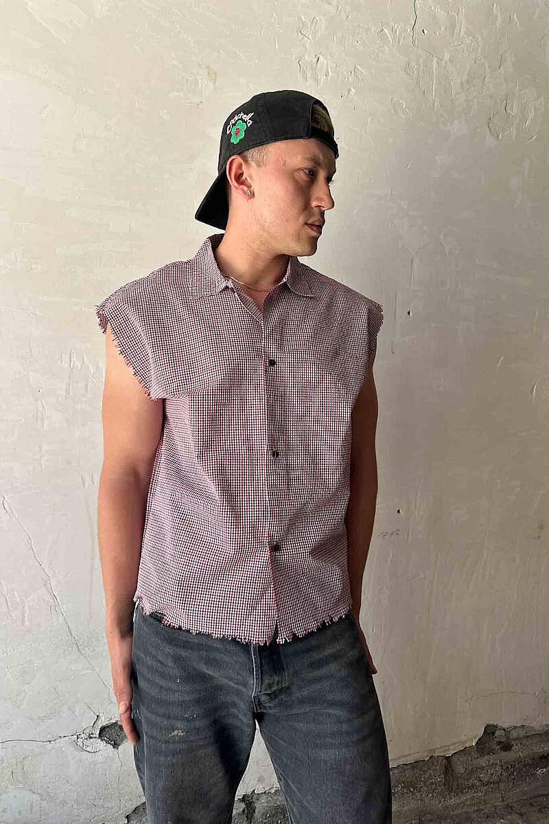 Kırmızı Ekoseli Distressed Kolsuz Boxy Fit Gömlek - 5