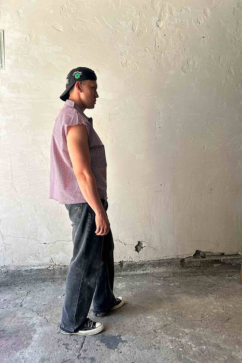 Kırmızı Ekoseli Distressed Kolsuz Boxy Fit Gömlek - 6