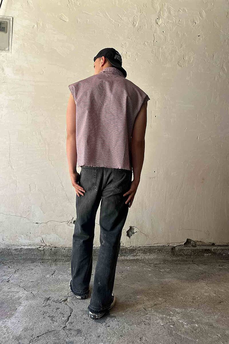 Kırmızı Ekoseli Distressed Kolsuz Boxy Fit Gömlek - 7