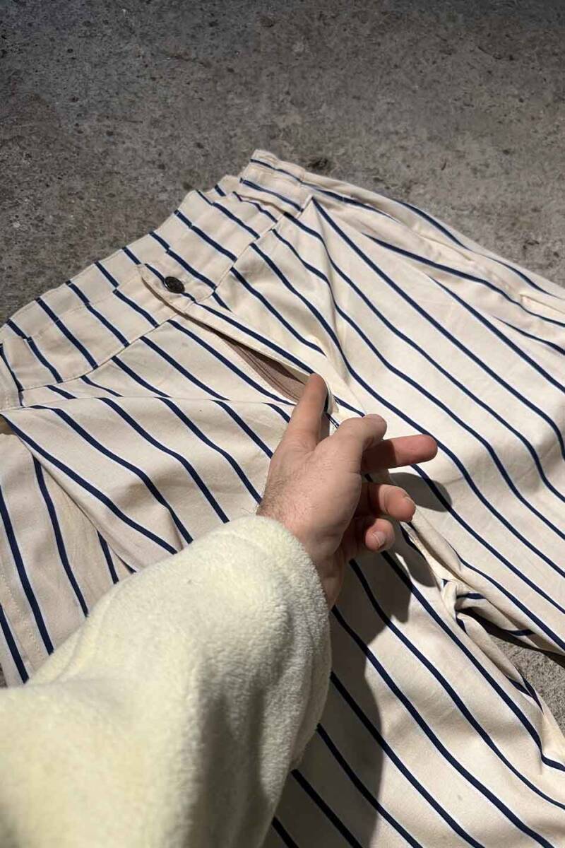 Lacivert Çizgili Bej Çift Pileli Baggy Pantolon - 4