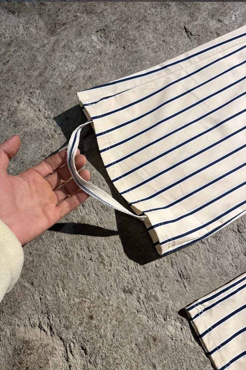 Lacivert Çizgili Bej Çift Pileli Baggy Pantolon - 5