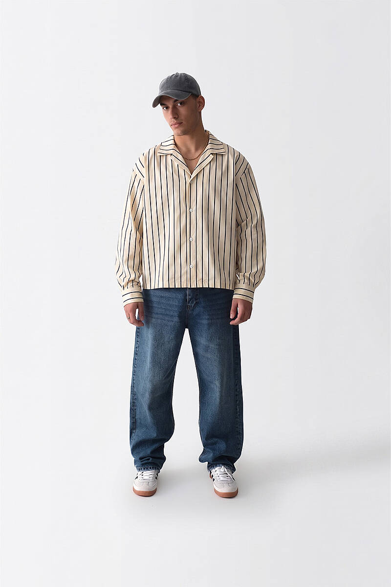 Lacivert Çizgili Bej Oversize Gömlek - SOLDOUT (1)