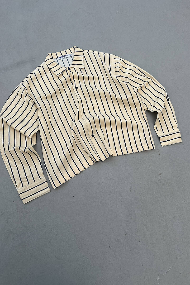 Lacivert Çizgili Bej Oversize Gömlek - 3