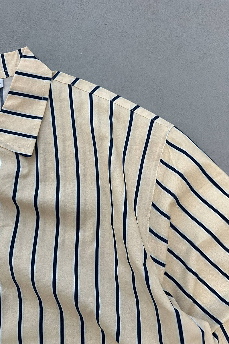 Lacivert Çizgili Bej Oversize Gömlek - 6