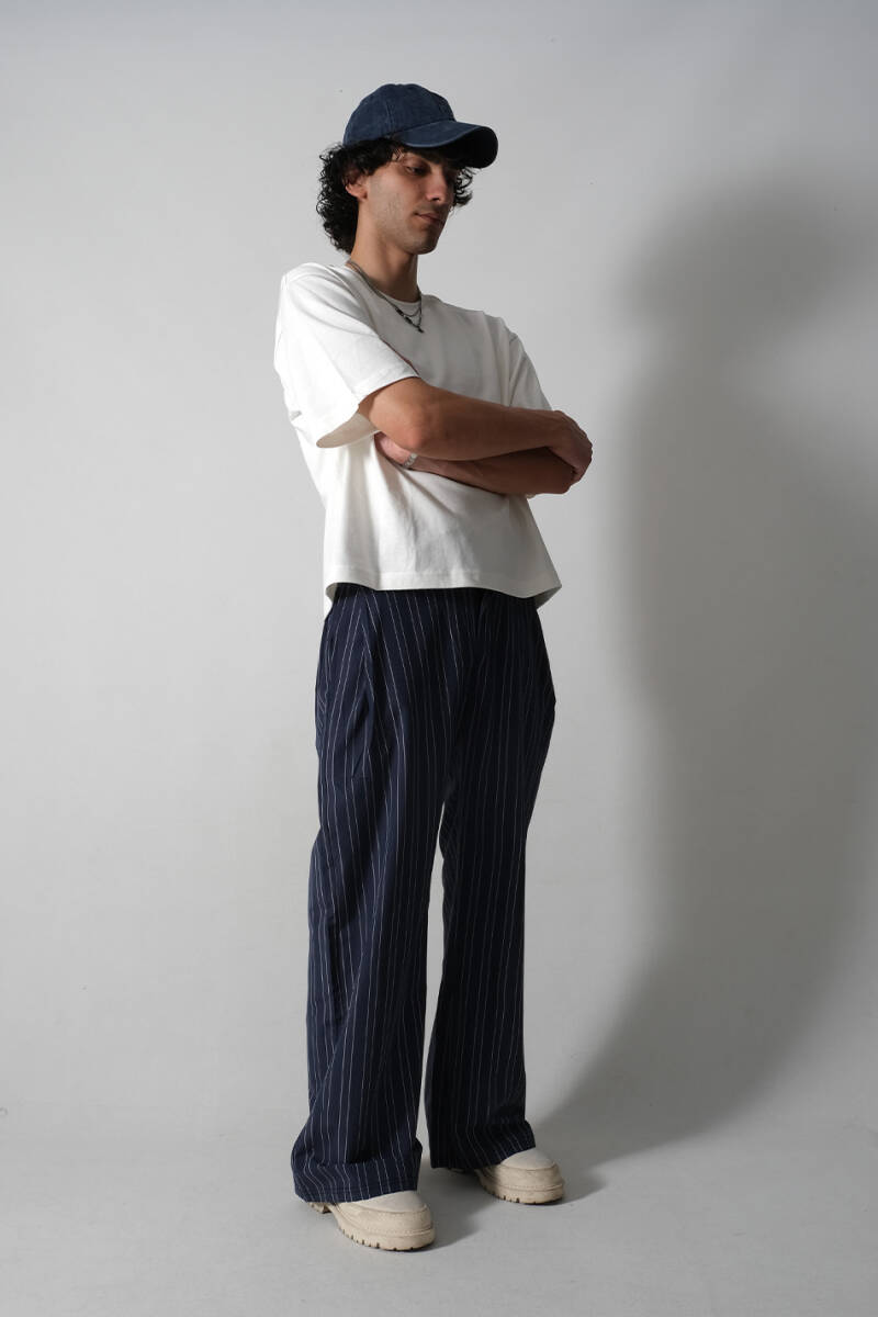 Lacivert Çizgili Çift Pileli Baggy Pantolon - 1