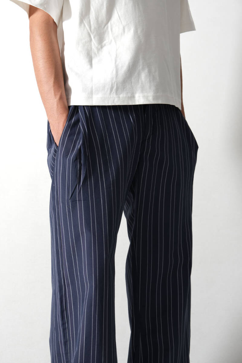 Lacivert Çizgili Çift Pileli Baggy Pantolon - 4