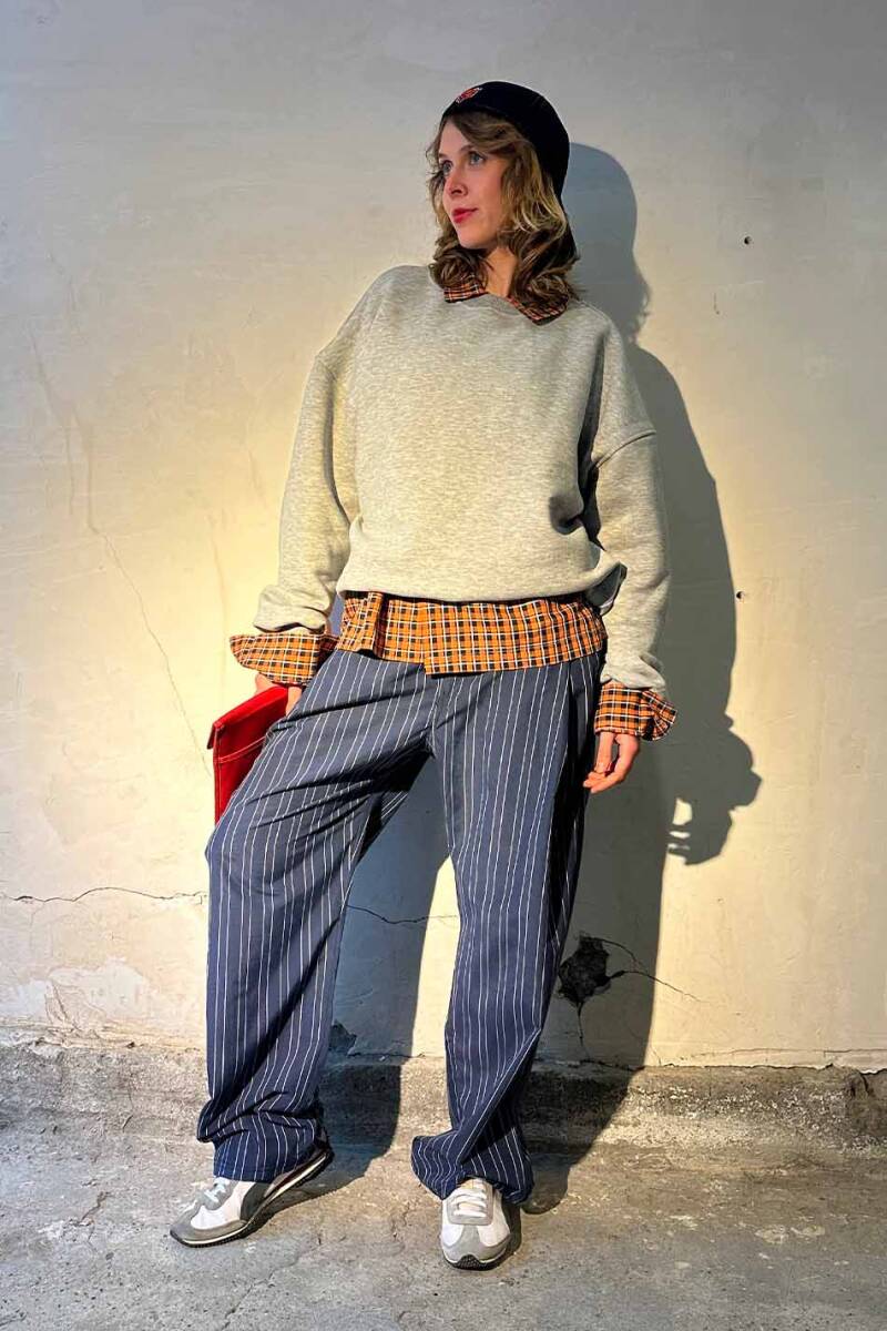 Lacivert Çizgili Çift Pileli Baggy Pantolon - 8