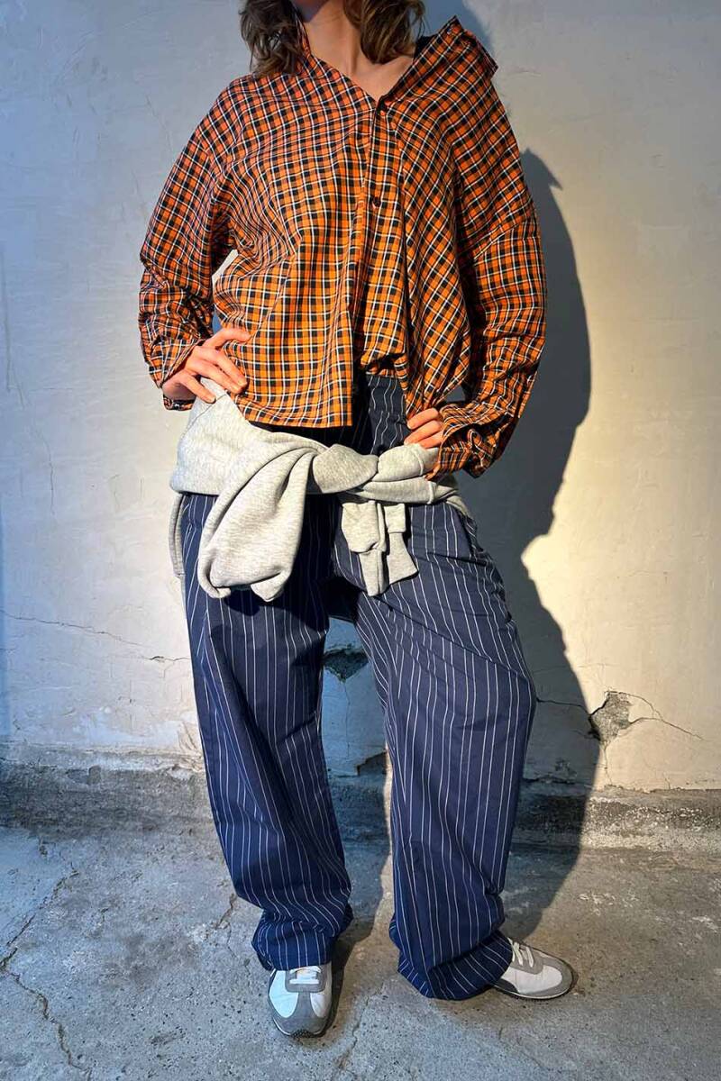 Lacivert Çizgili Çift Pileli Baggy Pantolon - 9