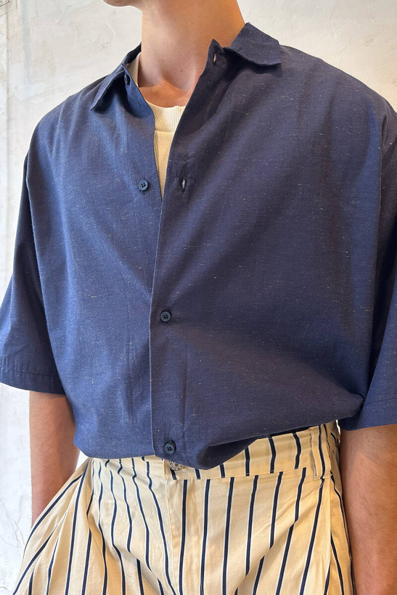 Lacivert Nep Yarım Kol Oversize Gömlek - SOLDOUT (1)