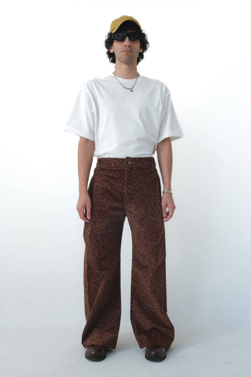 Leopar Çift Pileli Baggy Kadife Pantolon - 2