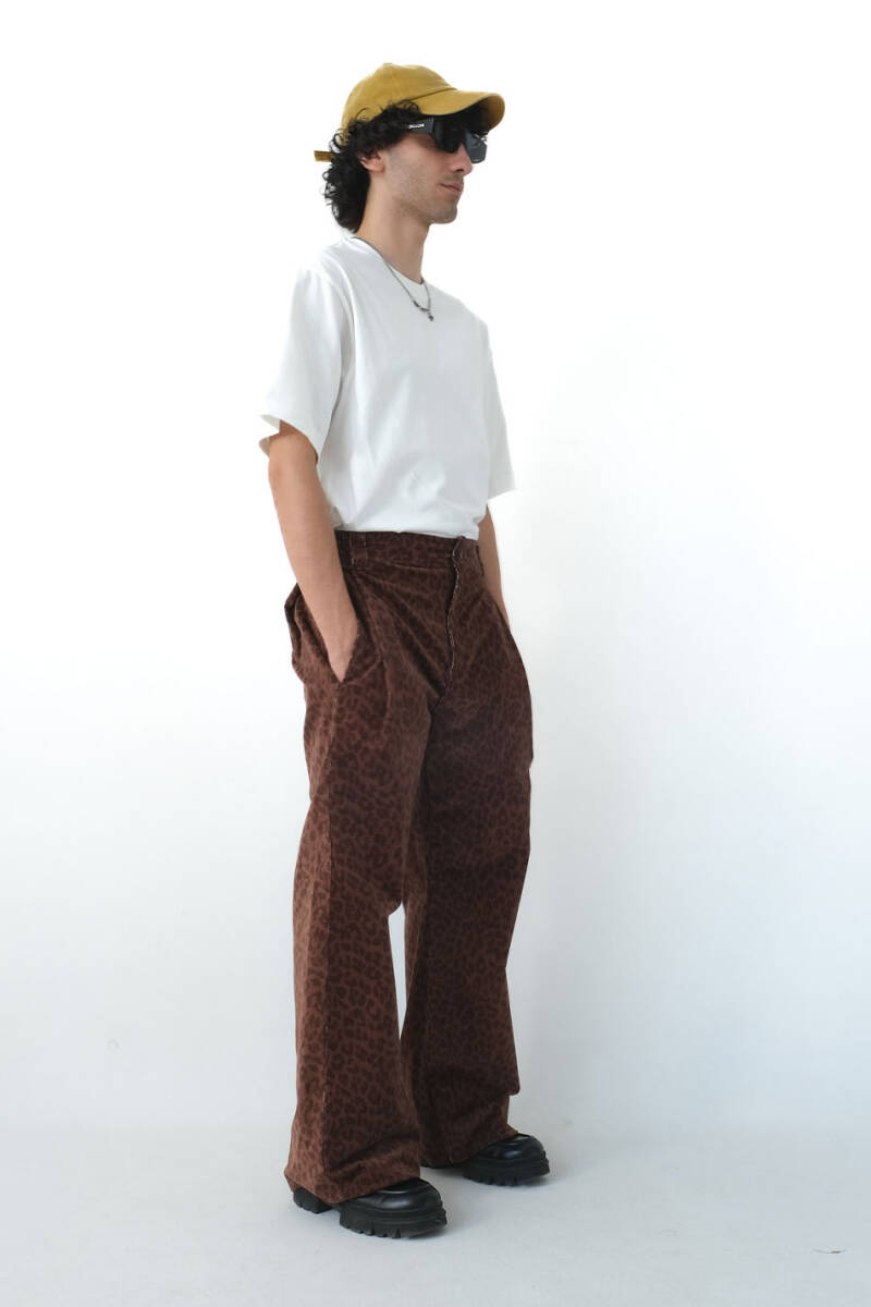 Leopar Çift Pileli Baggy Kadife Pantolon - 7