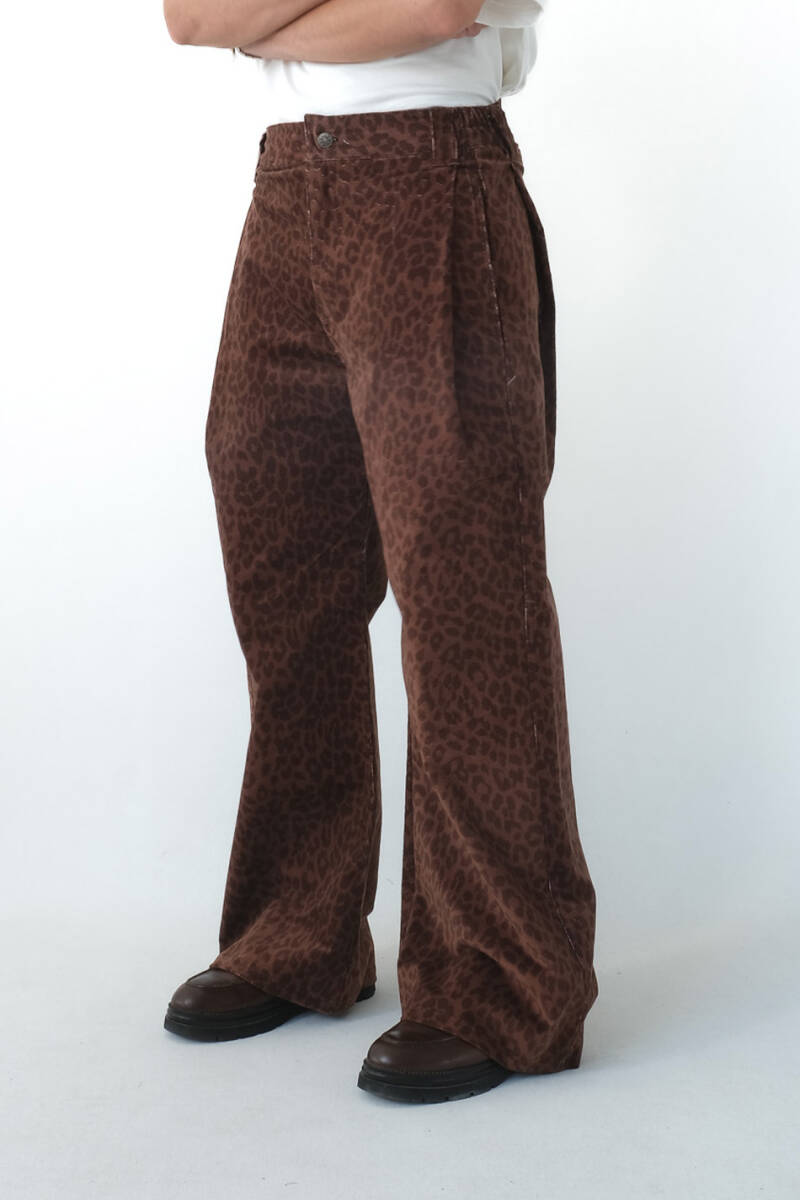 Leopar Çift Pileli Baggy Kadife Pantolon - 1