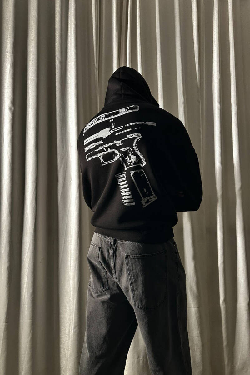 In Glock We Trust Sİyah Oversize Boxy Fit Hoodie - 4