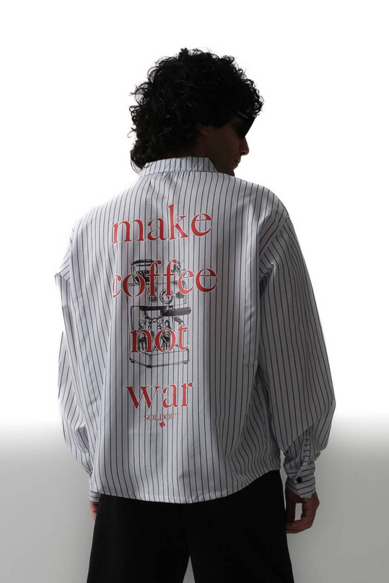  Make Coffee İnce Siyah Çizgili Oversize Gömlek - 1