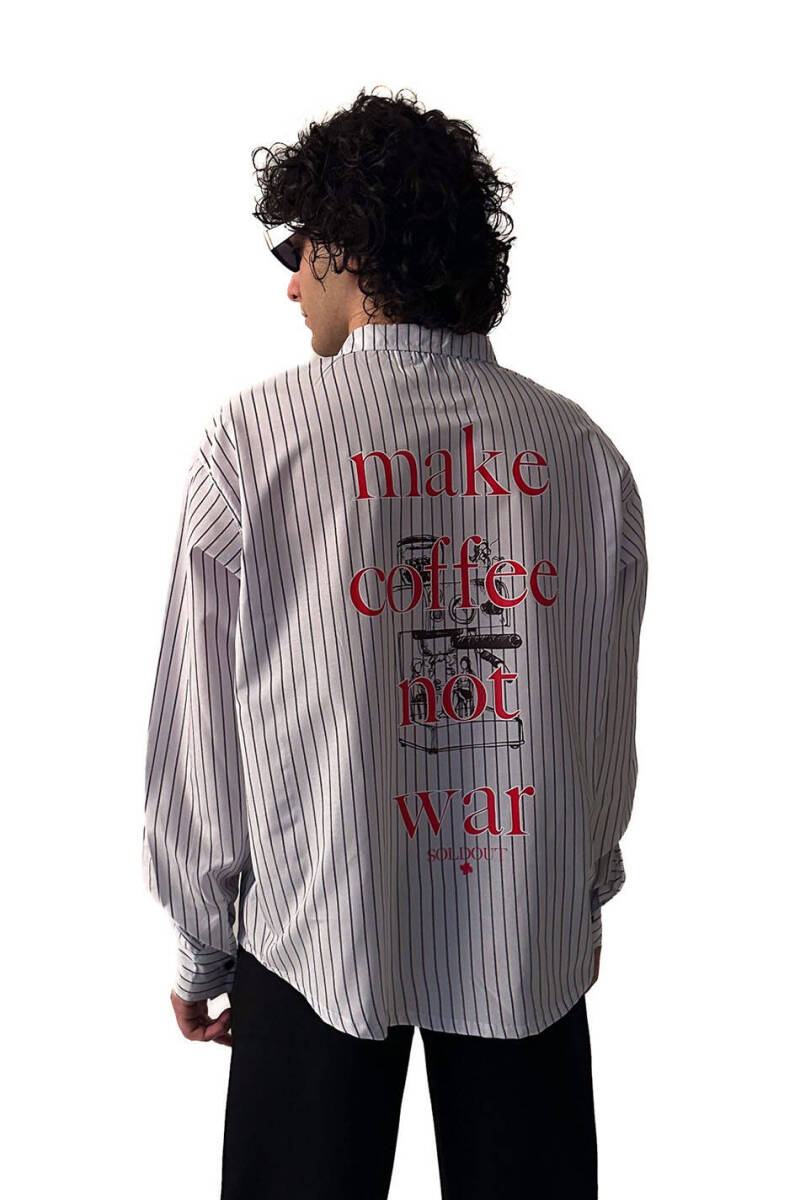  Make Coffee İnce Siyah Çizgili Oversize Gömlek - 4