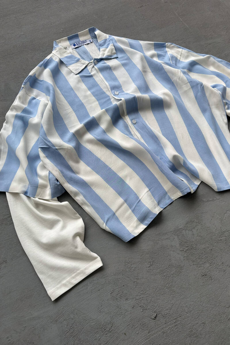  Mavi - Beyaz Boxy Fit Layered Gömlek - 3