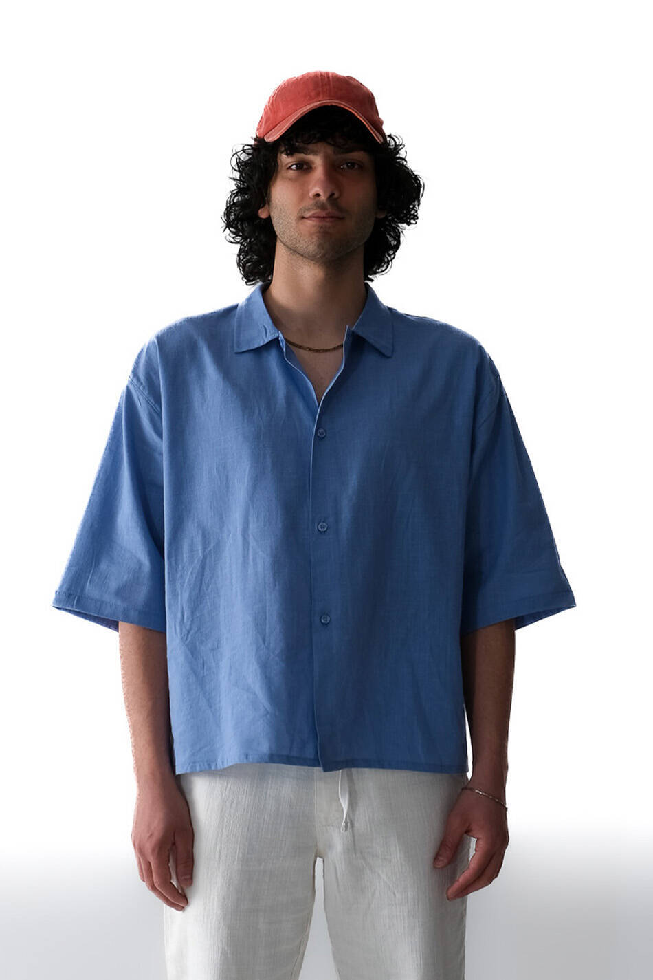 Mavi Boxy Fit Crop Yarım Kol %100 Pamuk İnce Gömlek - SOLDOUT