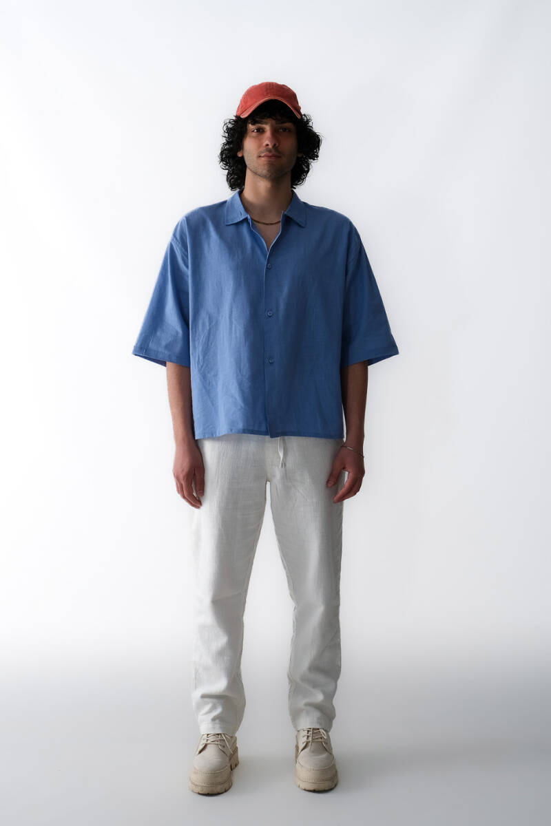Mavi Boxy Fit Crop Yarım Kol %100 Pamuk İnce Gömlek - 2