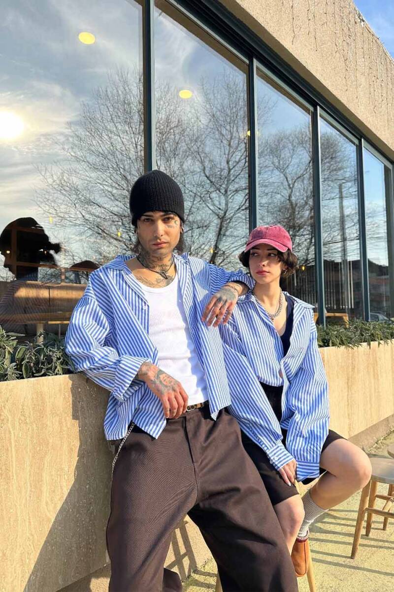  Mavi Çizgili Boxy Fit Crop Old Money Gömlek 