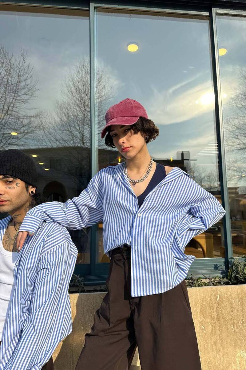  Mavi Çizgili Boxy Fit Crop Old Money Gömlek - 4