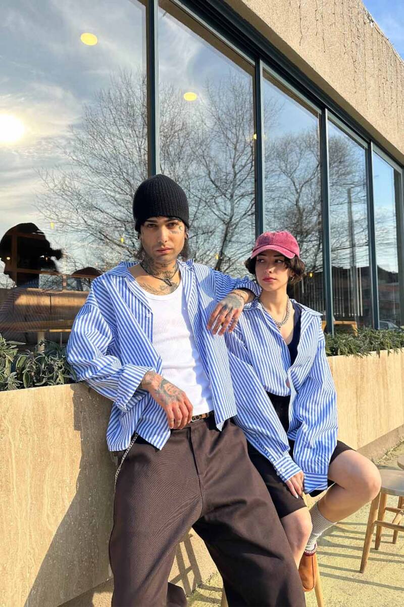  Mavi Çizgili Boxy Fit Crop Old Money Gömlek 