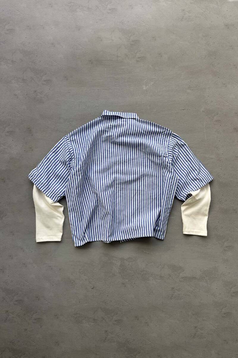  Mavi Çizgili Boxy Fit Layered Gömlek - 3