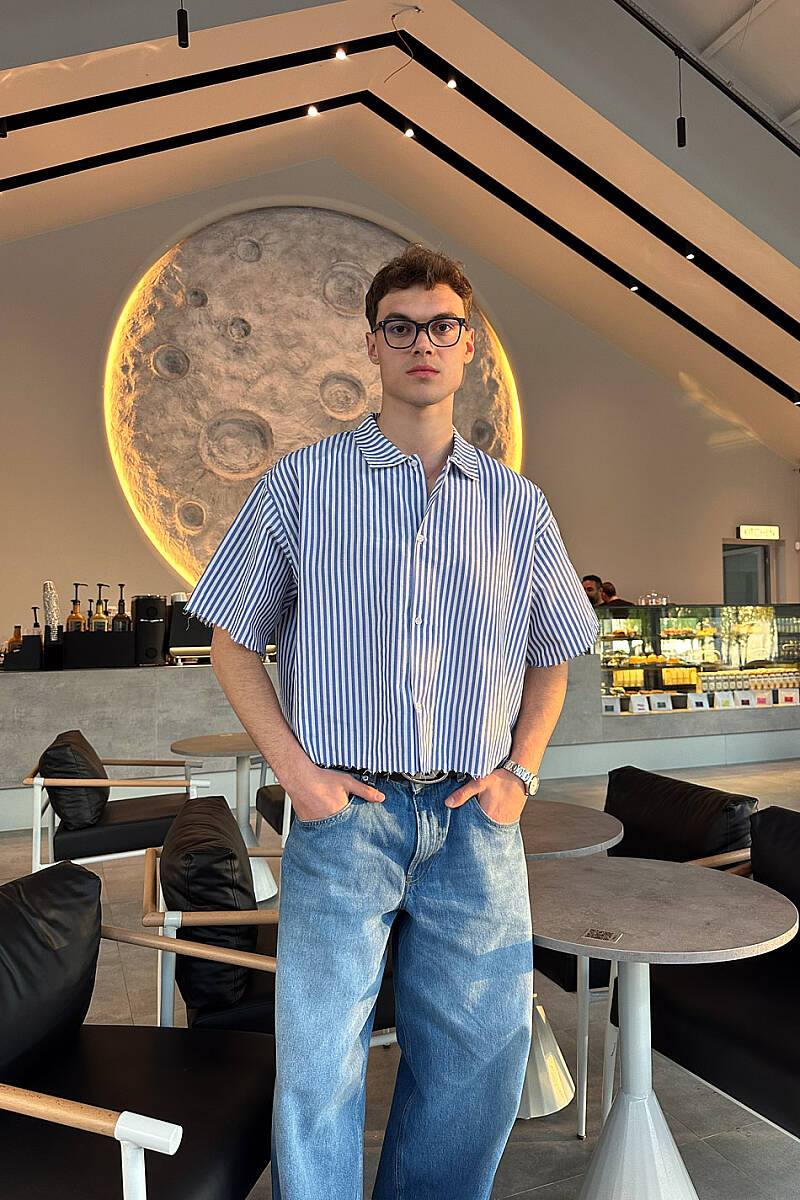 Mavi Çizgili Distressed Yarım Kol Boxy Fit Gömlek - SOLDOUT