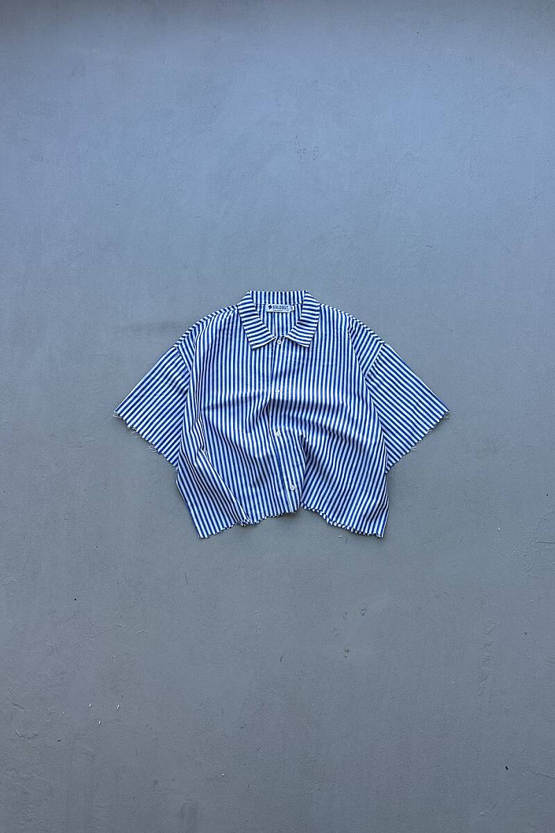 Mavi Çizgili Distressed Yarım Kol Boxy Fit Gömlek - SOLDOUT (1)