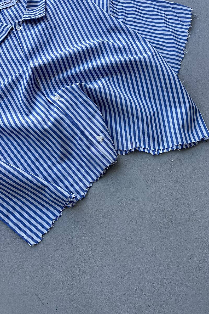 Mavi Çizgili Distressed Yarım Kol Boxy Fit Gömlek - 5