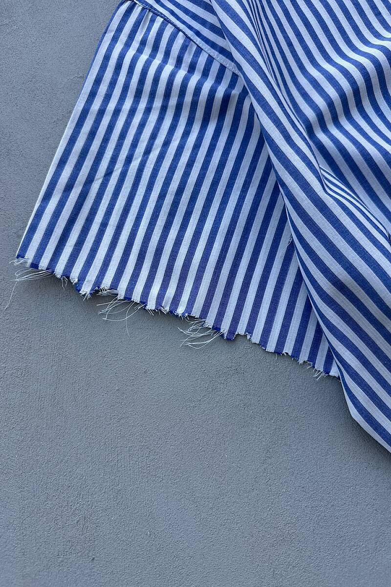 Mavi Çizgili Distressed Yarım Kol Boxy Fit Gömlek - 6