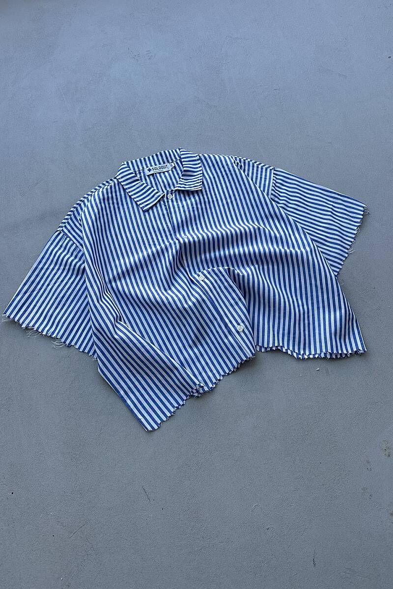 Mavi Çizgili Distressed Yarım Kol Boxy Fit Gömlek - 7