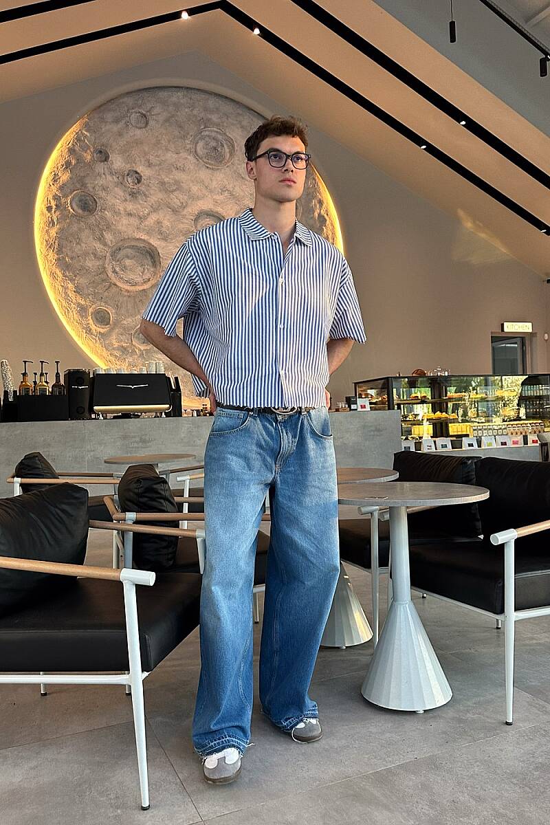 Mavi Çizgili Distressed Yarım Kol Boxy Fit Gömlek - 3