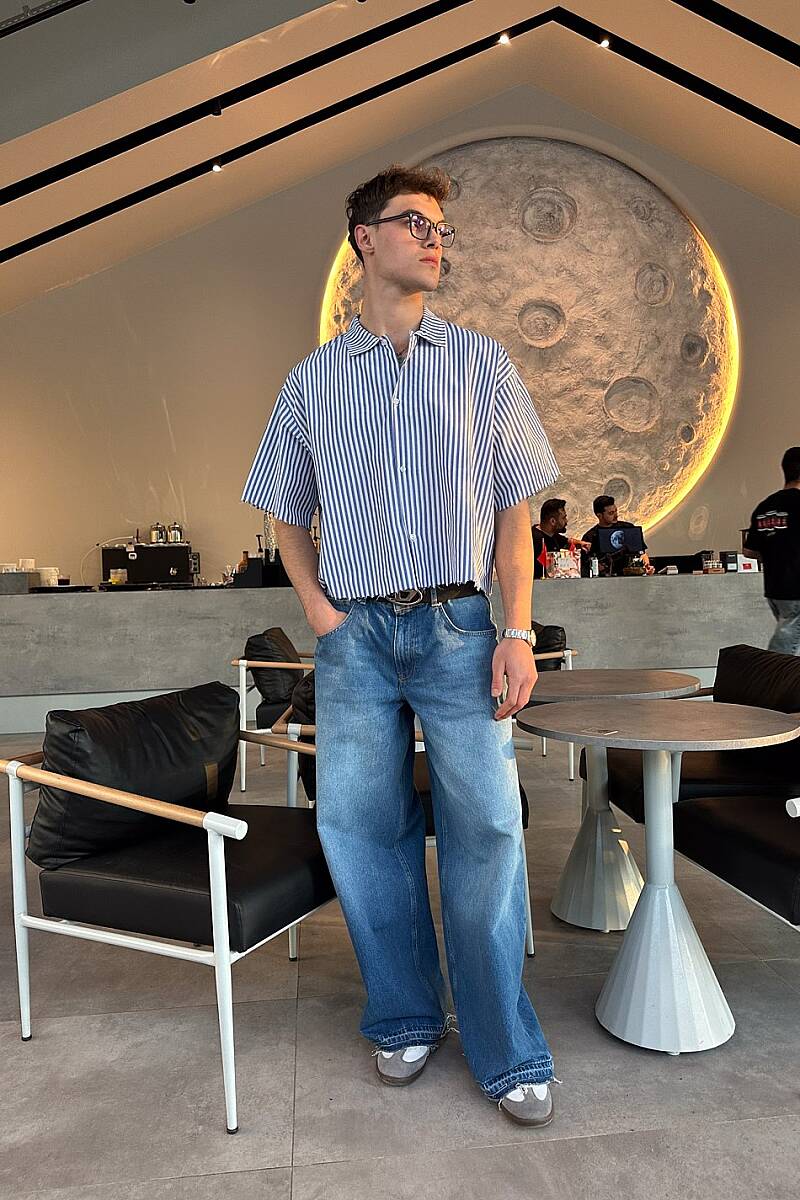 Mavi Çizgili Distressed Yarım Kol Boxy Fit Gömlek - 4