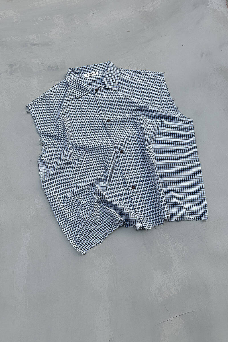Mavi Ekoseli Distressed Kolsuz Boxy Fit Gömlek - 3