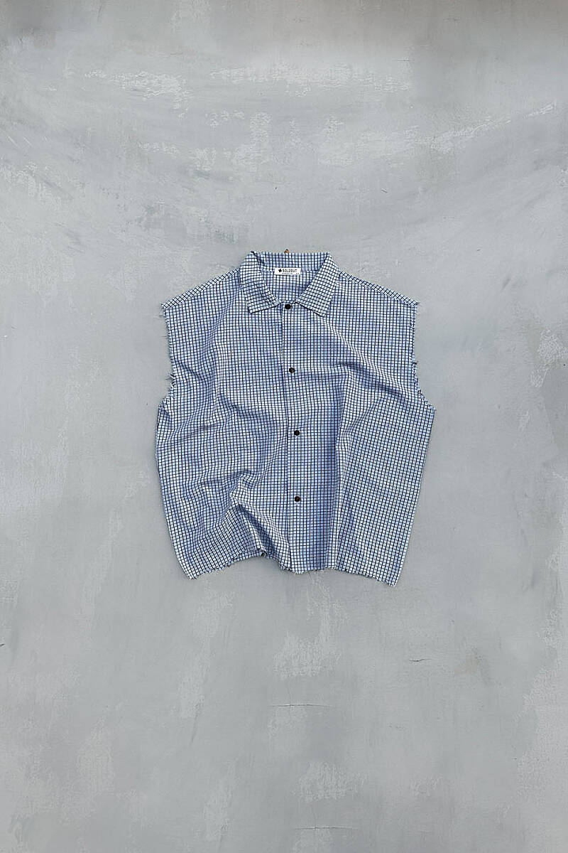 Mavi Ekoseli Distressed Kolsuz Boxy Fit Gömlek - SOLDOUT