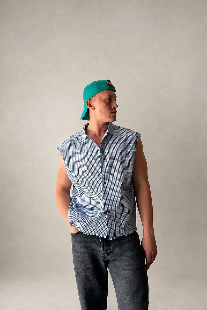 Mavi Ekoseli Distressed Kolsuz Boxy Fit Gömlek - SOLDOUT (1)