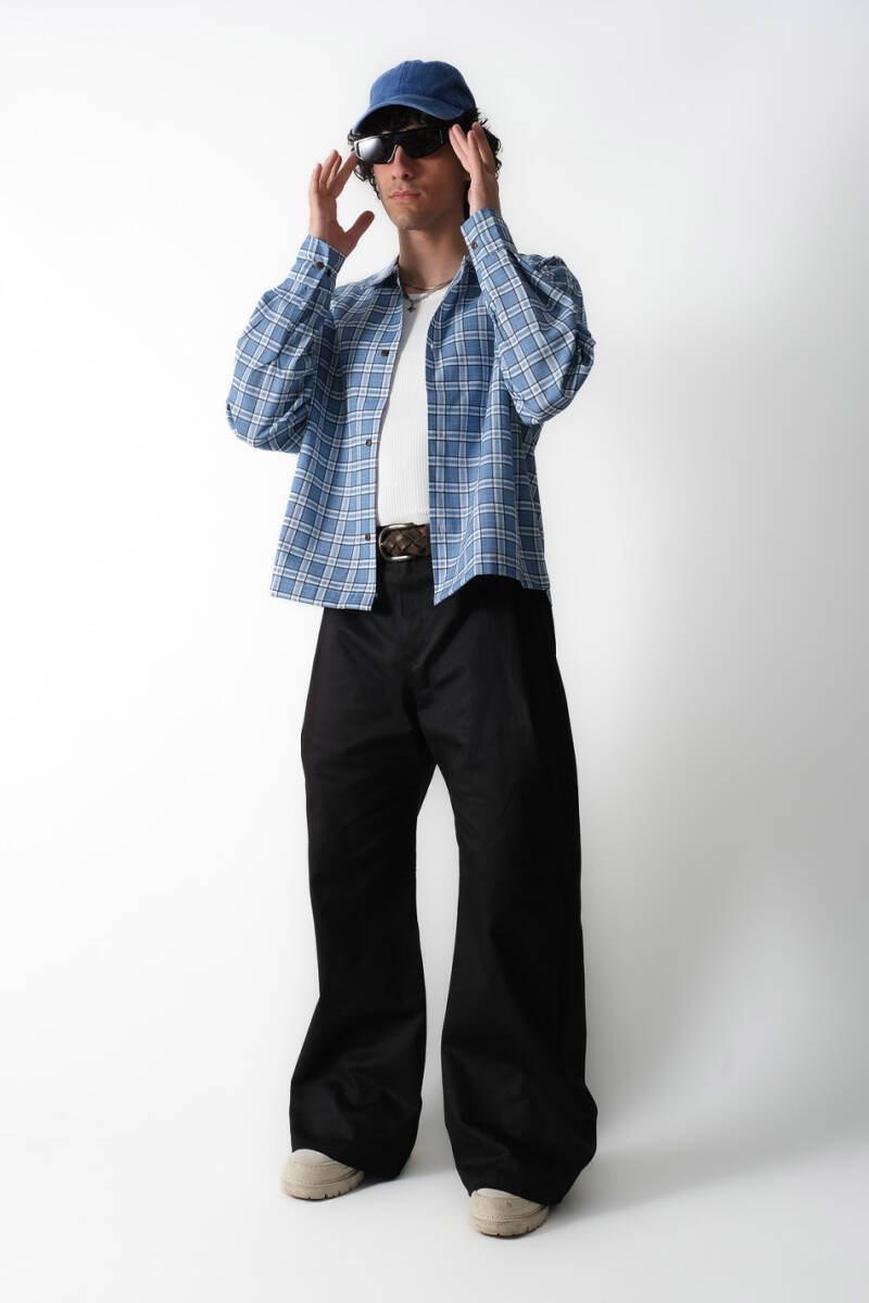 Mavi Ekoseli Oversize Gömlek - 5