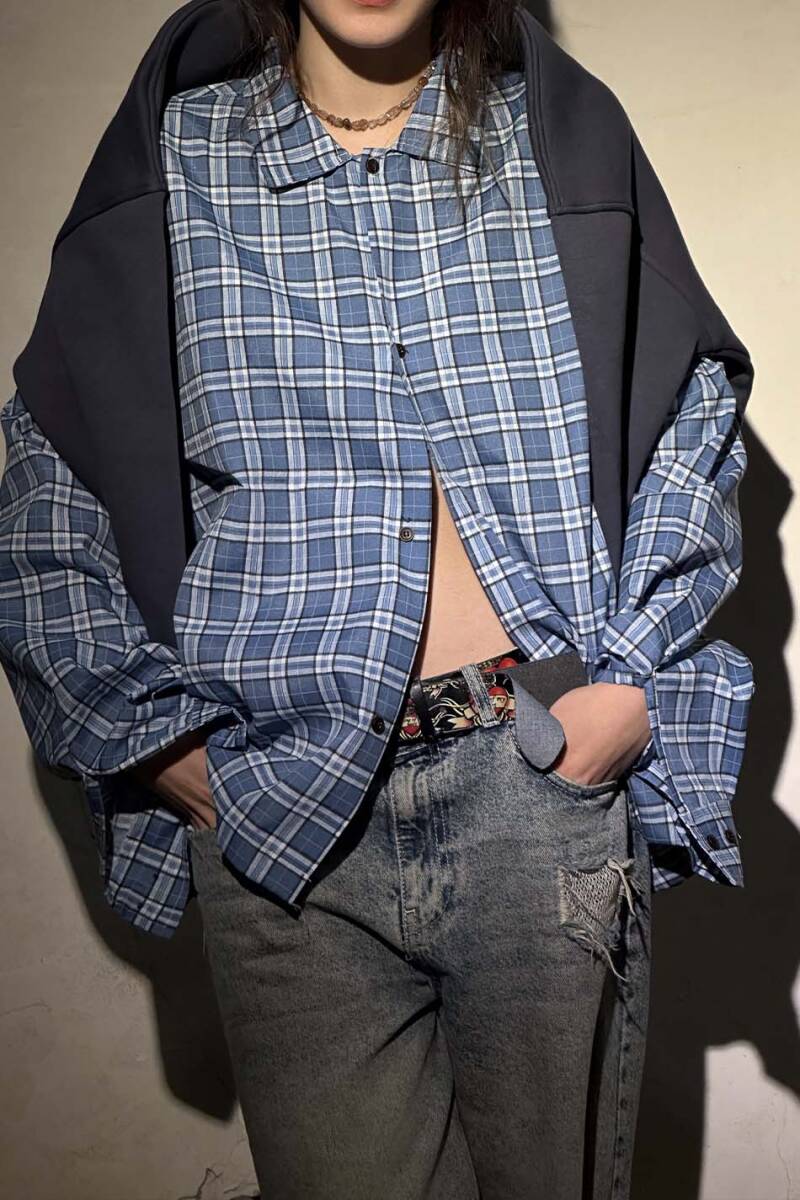 Mavi Ekoseli Oversize Gömlek - 5