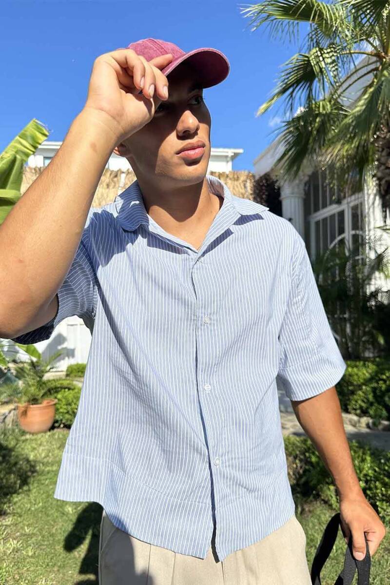 Mavi İnce Çizgili Crop Gömlek - 5